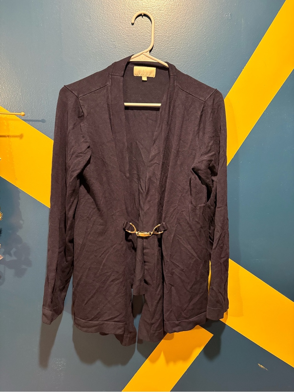 Joan Vass Navy Gold Buckle Lightweight Cardigan EUC